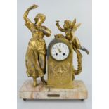 A gilt metal mantle clock, cast in the form of a woman and cherub, with arabic dial, London &