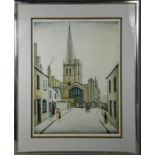 A signed limited edition print by LS Lowry, depicting Burford Church, with provenance receipt