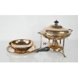 Two cut glass decanters together with a silver plated food warmer, bowl and a hand mirror.