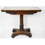 A 19th century rosewood card table, raised on a central column and quatreform base, 76 by 91 by