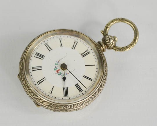 A 19th century silver ladies pocket watch, with Roman numeral dial painted with flowers, the case