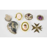 A group of antique brooches, to include a Limoges example painted with a female portrait, a