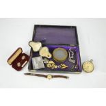 A pocket watch, wristwatch, and antique stud box, cufflinks, brooches and bracelet in a jewellery