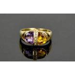 A 14ct yellow gold, amethyst, diamond, and citrine ring, contemporary design, size R, 4.1g.