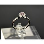 A platinum, pink and white diamond flower head ring, the central diamond 0.12ct, size M, 4.6g.