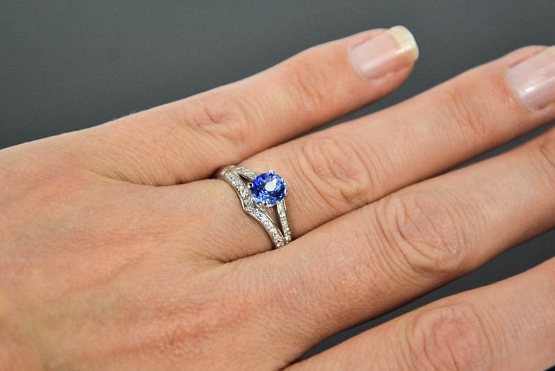 A 14ct white gold, sapphire and diamond ring, the sapphire approximately 1ct, the diamonds totalling - Image 2 of 7