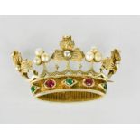 A gilt metal, pearl and paste stone brooch in the form of a crown, 5cm by 2.5cm.