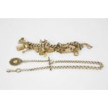 A silver charm bracelet with eighteen charms, together with a silver pocket watch chain and fob, 6.