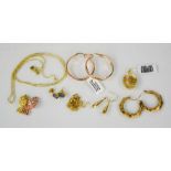 A group of gilt silver jewellery to including two pairs of hoop earrings, necklaces, pair of opal