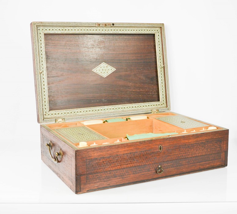 A 19th century Anglo-Indian sewing box with inlaid interior and panel boxes, and ivory inlaid - Image 3 of 4