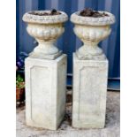 A pair of stone garden urns on pedestals.