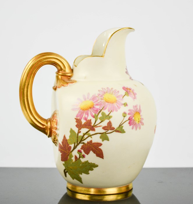 A Royal Worcester flat back jug hand painted with flowers, numbered 1888, with gilded handle and - Image 3 of 4