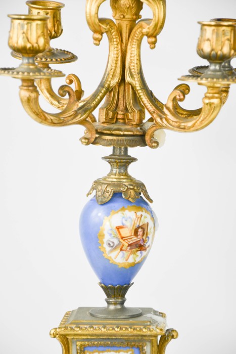 A pair of 19th century French five branch candelabras, with porcelain panels and porcelain bodies - Image 2 of 4