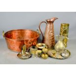 A group of copper to include jam pan, jug, and a group of Indian brassware.