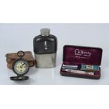 A leather cased compass together with a vintage Gillette razor and hip flask