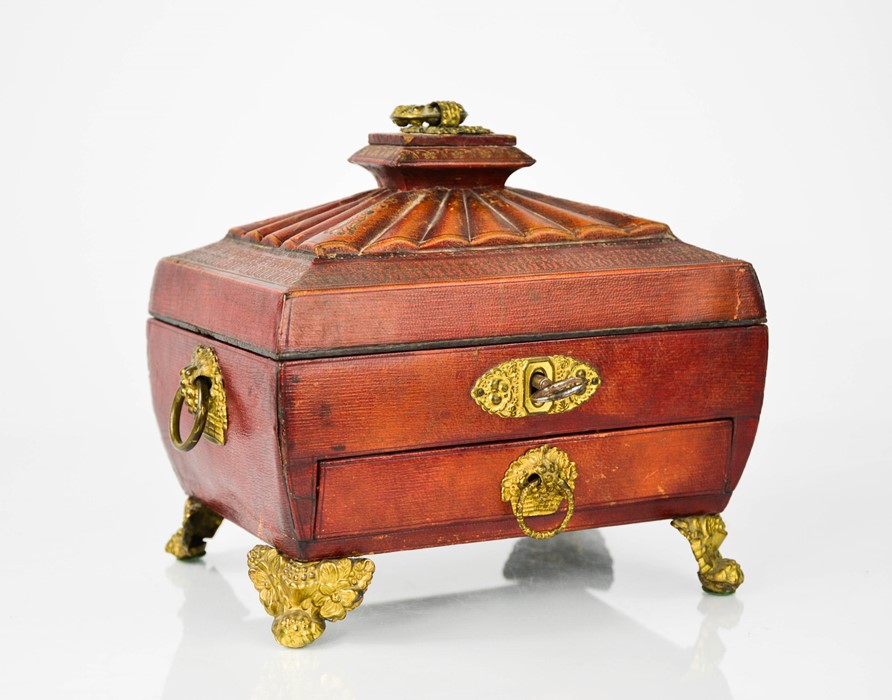 A Regency work box clad in red leather, with fitted interior containing sewing accessories, above - Image 2 of 7