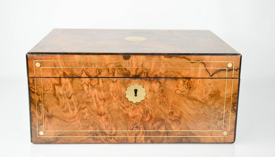 A 19th century burr walnut writing box with slope and fitted interior, key and glass inkwells, 16 by - Image 3 of 3