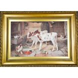 J. Galt (19th century): a stable interior with calves, chickens and dog, 34 by 54cm.