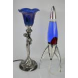 An Art Nouveau style table lamp together with a Mathmos lava lamp