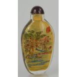 Chinese reverse painted signed glass snuff bottle village landscape scenes - 10cm