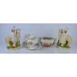 A Pair of Staffordshire figures 20cm, an Indian tree sauce boat No1077 and a Victorian tureen