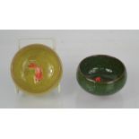 A pair of Chinese crackle glaze hand-painted tea bowls with inset in embossed gold fish 3.5cm high