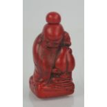 Chinese hand-carved coral colour Buddha of fortune snuff bottle - 7cm