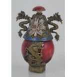 Vintage Chinese agate snuff bottle with applied Miao silver mounts and cloisonne panel - 7cms