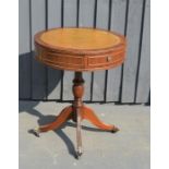 A reproduction mahogany drum table , green leather top - 60cm x 50cm