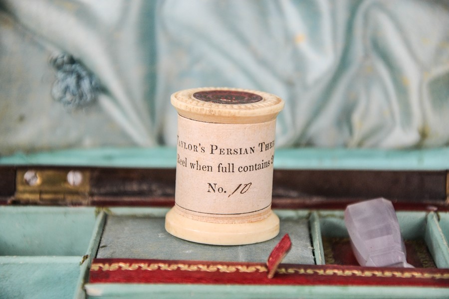 A Regency work box clad in red leather, with fitted interior containing sewing accessories, above - Image 6 of 7