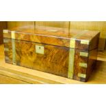 A Victorian burr walnut campaign writing box, brass bound with carrier handles, secret drawer to the
