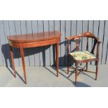 A 19th century demi-lune card table with baise lined interior together with a Edwardian corner chair