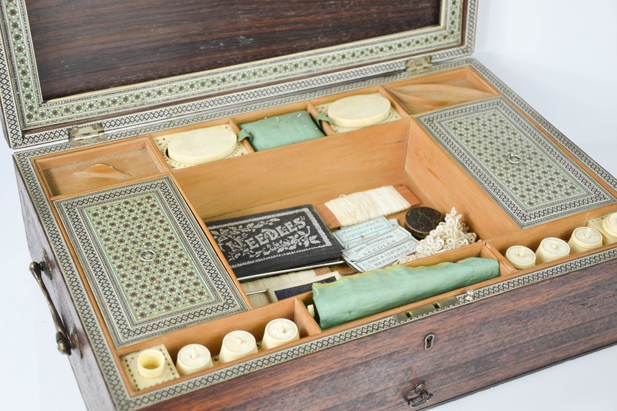 A 19th century Anglo-Indian sewing box with inlaid interior and panel boxes, and ivory inlaid - Image 2 of 4