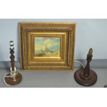 A Gilt framed print by C. Luckent 18cm x 24cm together with two wooden lamps