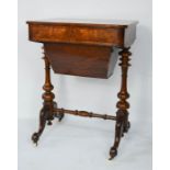 A 19th century walnut sewing table, with fitted drawer containing sewing accessories, and a box