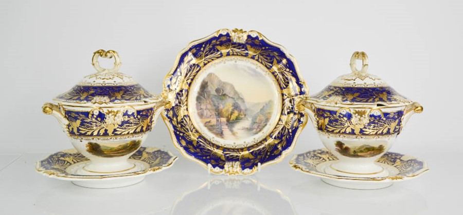 A pair of Bloor Derby tureens and stands, together with a matching plate, circa 1830, each hand