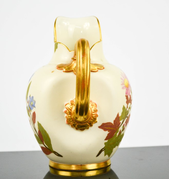 A Royal Worcester flat back jug hand painted with flowers, numbered 1888, with gilded handle and - Image 2 of 4