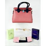 A leather handbag in blush pink, a Jack Wills cotton bag, and two perfumes; First Van Cleef and