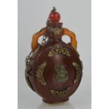 Vintage Chinese amber snuff bottle with embossed copper mounts, jade stopper, copper spoon 11cm