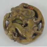 A Vintage Chinese handcarved natural jade pendant, dragon and kylin