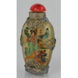 A Chinese reverse painted glass snuff bottle, signed, applied Miao silver mounts - 8cm