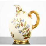 A Royal Worcester flat back jug hand painted with flowers, numbered 1888, with gilded handle and