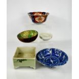 A Chinese square form dish, a blue and white bowl, an Imari bowl, Chinese trinket dish and a