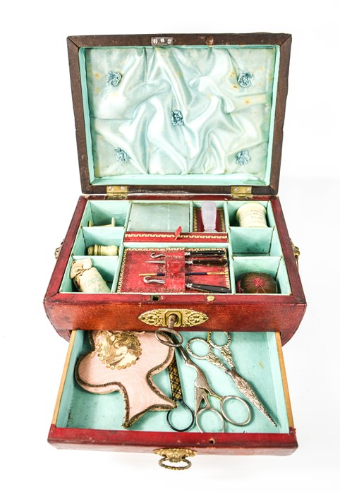 A Regency work box clad in red leather, with fitted interior containing sewing accessories, above - Image 5 of 7