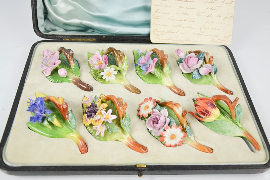 A fine set of Dresden floral table menu holders, modelled as different flowers, in the original - Image 2 of 7