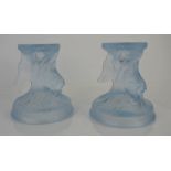 A Pair of Art Deco French moulded blue tinted glass fish candlesticks - 12cm