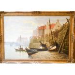 An impressive 19th century oil on canvas, fishing boats moored along the bank, monogrammed in red