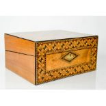 A 19th century walnut and parquetry inlaid work box with interior slope and key, 14 by 29 by 23cm.