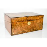 A 19th century burr walnut writing box with slope and fitted interior, key and glass inkwells, 16 by
