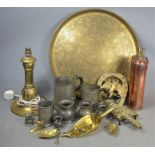A quantity of Brass and pewter wear to include Victorian Pewter measures, brass lamp, Large brass